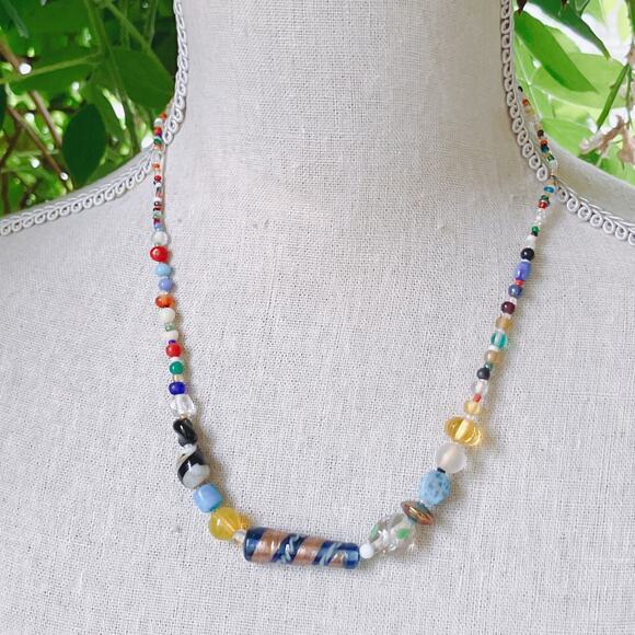 VTG Mid Century Glass Bead Necklace Boho Artisan Murano Style Lampwork 60s 70s - Picture 11 of 15